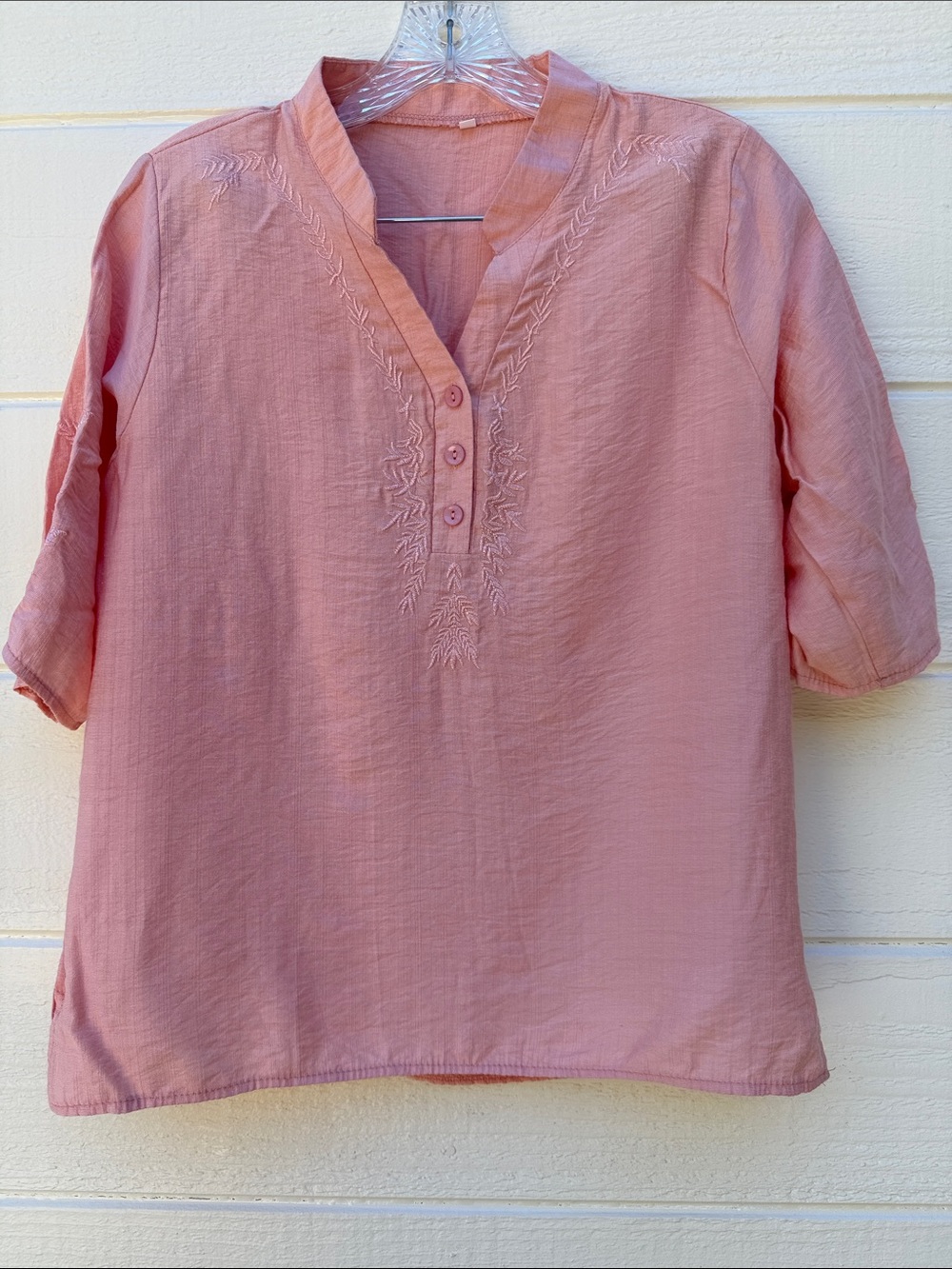 Relaxed Style, Coral Color Embroidered Split-Neck Women's Blouse Size Small.